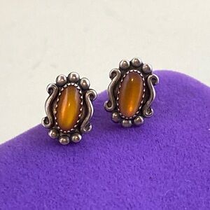 💛 Vintage Sterling Silver Amber Oval Stud Earrings | Honey Stone | Southwestern